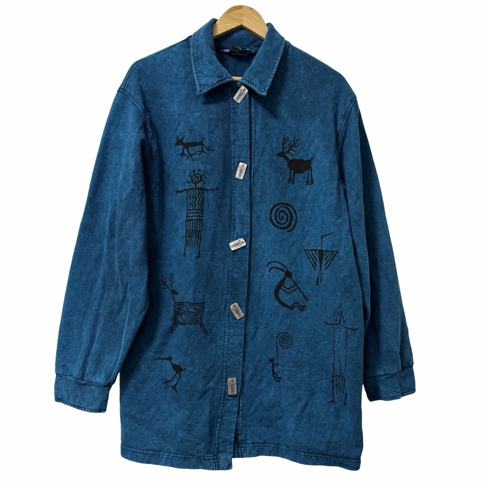 Bfofo Canada Womens Aztec Cave Art Button Up Shirt Shacket Size XL Blue 90s